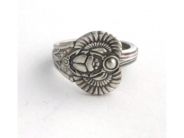 Egyptian Scarab 1909 Demitasse Band Spoon Ring Size 6 to 11 Silverplate